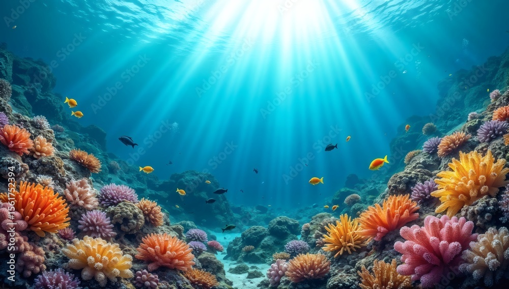Naklejka premium Vibrant Coral Reef Underwater Scene With Sunlight Rays and Colorful Fish