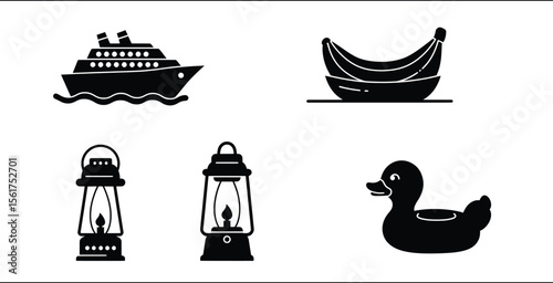 Fun Cruise Ship, Banana, Lantern, and Duck Icons in a Playful Black and White Design