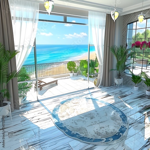 Serene Seaside Retreat: A Luxurious Interior Overlooking a Tranquil Beach Landscape Paradise
