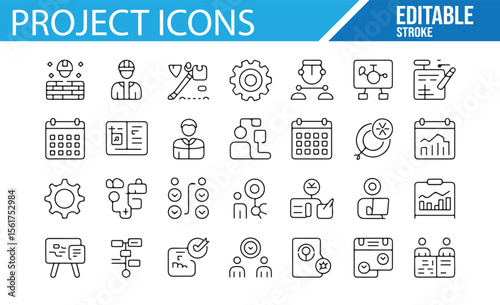 Icons pack for business processes, construction, and teamwork.