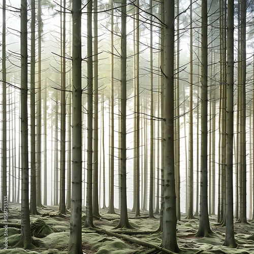 Serene view of a dense forest bathed in soft light with the focus on nature and calming atmosphere