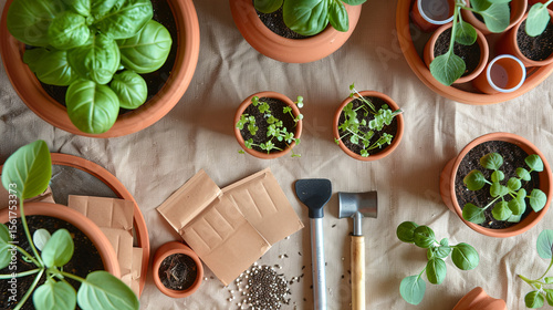 Wallpaper Mural Minimalist Gardening Flatlay with Terracotta Pots, Seedlings, and Tools Torontodigital.ca