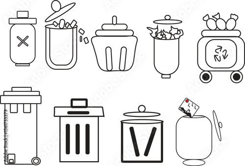 Collection of Trash Can and Recycling Bin Icons Line Art Illustrations