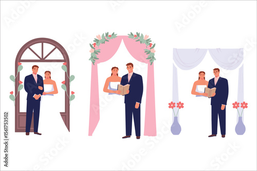 Romantic Wedding Couple Illustration – Bride and Groom in Elegant Poses