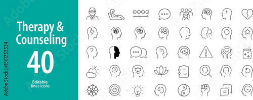 Therapy and Counseling Line Icons, Psychologist, Mental Health, Therapy Session, Brain, Support Group, Online Therapy, Emotions, and More, Editable Formats: AI, EPS, JPG, PNG, Ideal for Both Digital a