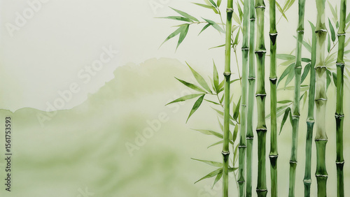 Watercolor Bamboo Edge with Empty Green Space. ideal for nature, spa, or eco-themed background use.