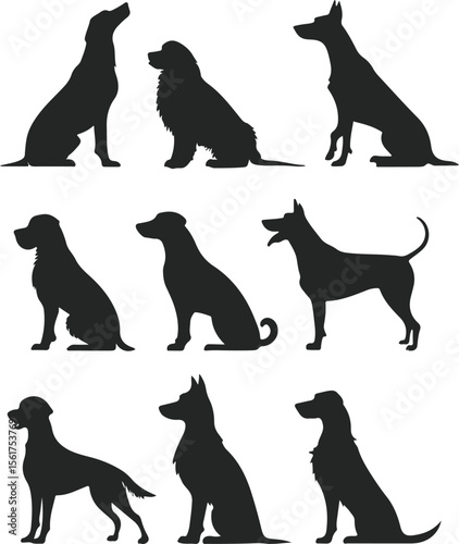 Collection of nine diverse dog silhouettes in various sitting poses