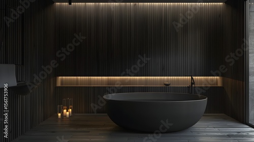 Sleek and Minimalist Black Wooden Bathroom with Soothing Ambience and Clean Lines in 3D Render