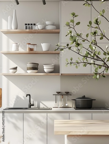 Sleek and Minimalist Kitchen Mockup with Open Shelving and Cabinetry