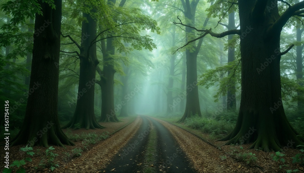 Fototapeta premium Tranquil Forest Path Shrouded in Mist with Tall Trees