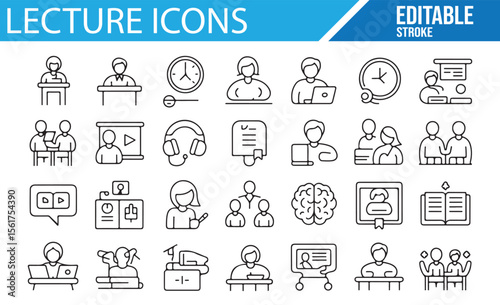Collection of professional lecture icons for digital and traditional education.