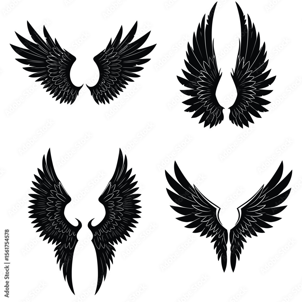 Fototapeta premium Four pairs of black wings isolated on white background