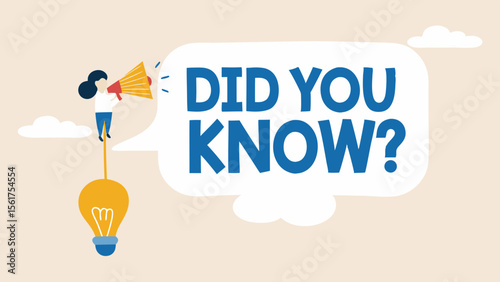 Woman on a lightbulb holding a megaphone announcing did you know