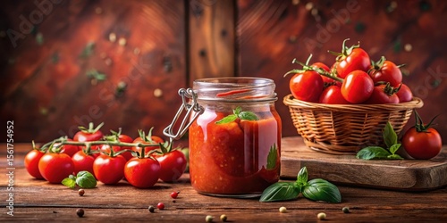 Fresh organic tomatoes and homemade tomato sauce in a rustic glass jar on a red background, set against a warm wooden table , rustic decor, pantry staples
