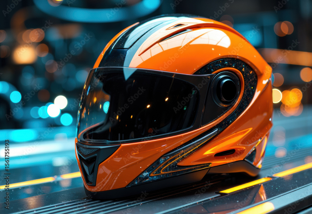 Fototapeta premium Futuristic orange motorcycle helmet with sleek design and tinted visor on a city street at night