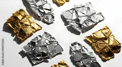 Minimalist metallic design with fractured silver and gold fragments on clean white
