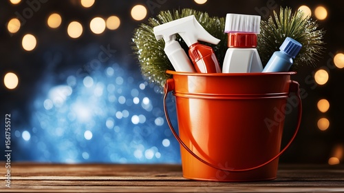 Cleaning Supplies Bucket Festive Bokeh Background Winter Cleaning Products