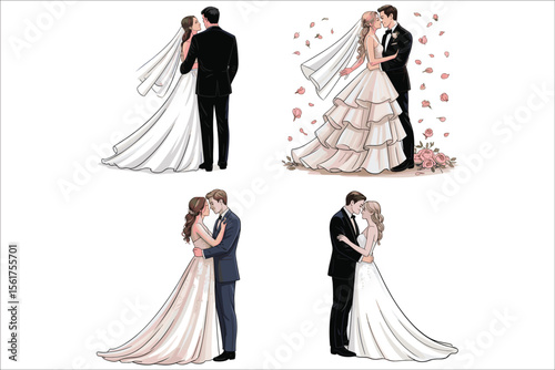 Romantic Wedding Couple Illustration – Bride and Groom in Elegant Poses