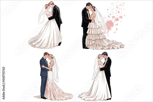 Romantic Wedding Couple Illustration – Bride and Groom in Elegant Poses