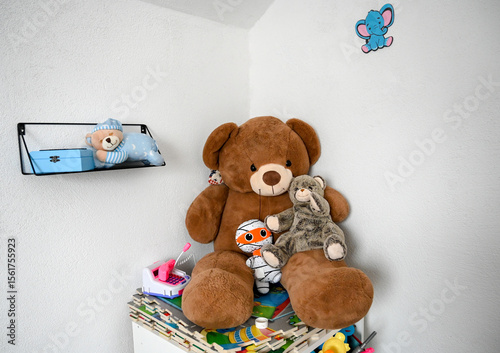 Toys in the children's room. Teddy bears and other plush toys for children. Stuffed toys.