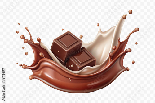 realistic 3d smooth liquid chocolate and milk splashes in different style isolated on transparent background	
