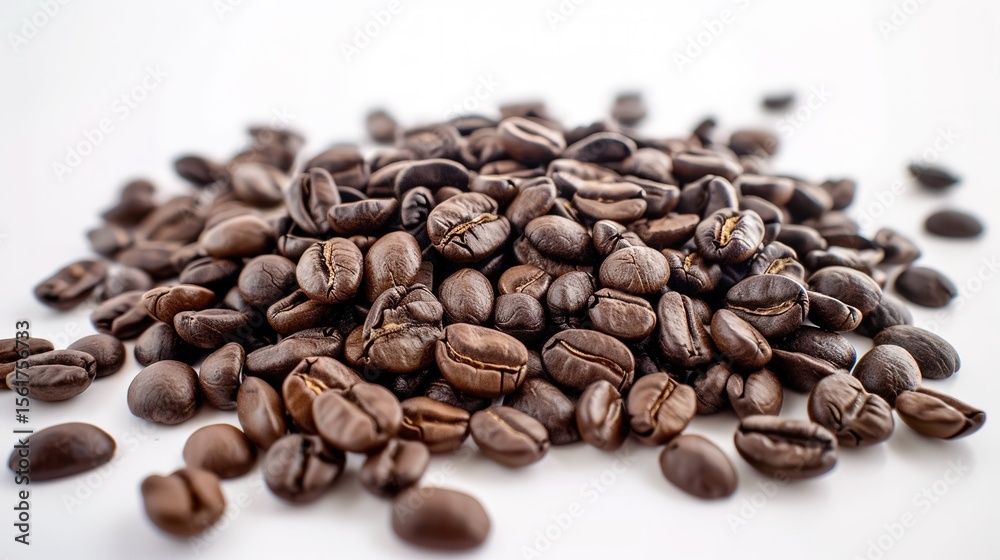 Naklejka premium Arabica Elegance: Artistic White Background Coffee Bean Images – Glossy Roast Gradients, Textured Bean Creases, Aromatic Steam Hints, and Precision-Arranged Coffee Bean Patterns in High-Contrast Photo