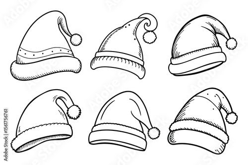 Set of hand drawn santa claus hat line art illustrations for festive christmas designs