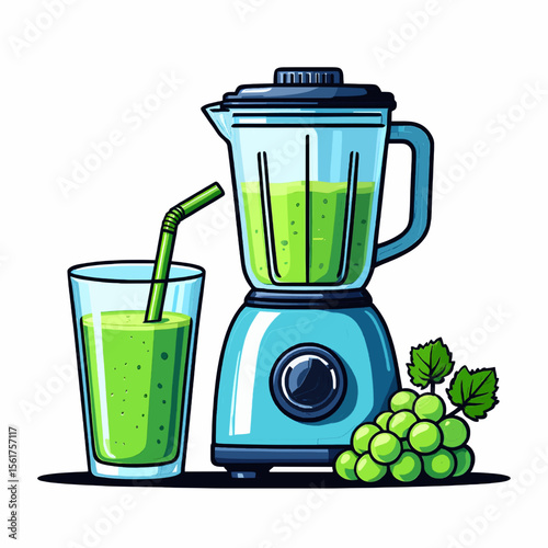 A blender with green smoothie next to a glass and bunch of green grapes
