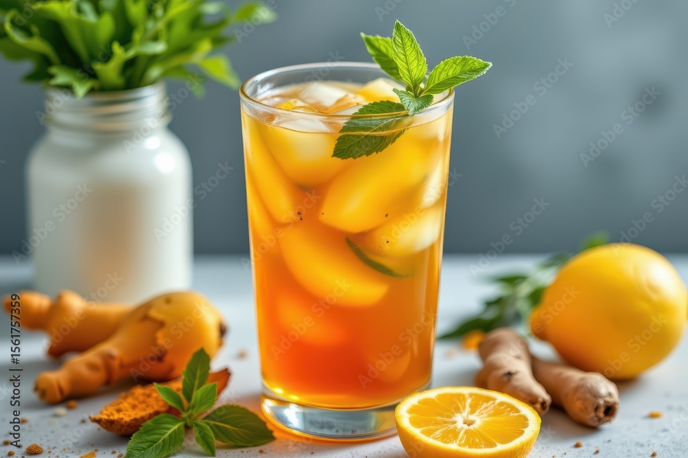 Fototapeta premium discuss how fresh turmeric and ginger iced tea supports immune health and provides cooling hydration.
