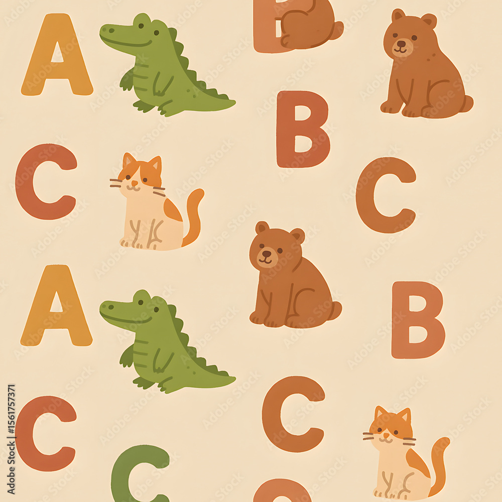 Fototapeta premium A charming alphabet chart featuring adorable illustrated animals: a crocodile, bear, and cat.