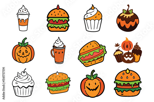 Hand drawn sketch of popular halloween foods and treats on white background