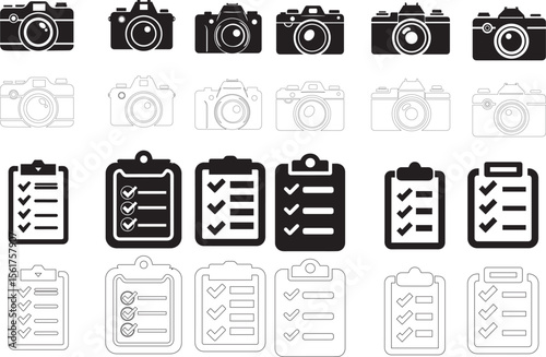 Camera Icon Set Vector Line Solid DSLR Retro Photography Icons