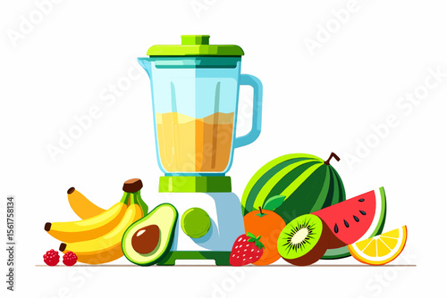 Illustration of a blender filled with smoothie surrounded by fresh fruits
