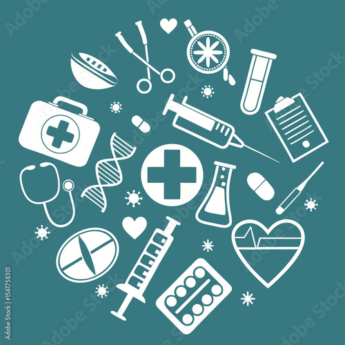 Medical icons healthcare symbols wellness science first aid kit stethoscope syringe