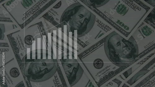 Animated growing arrow on a chart line background of dollars and computer code. Business success concept. E-commerce. 4K