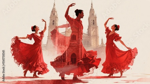 Flamenco Dancers in Red Dresses Perform Against a Cathedral Backdrop