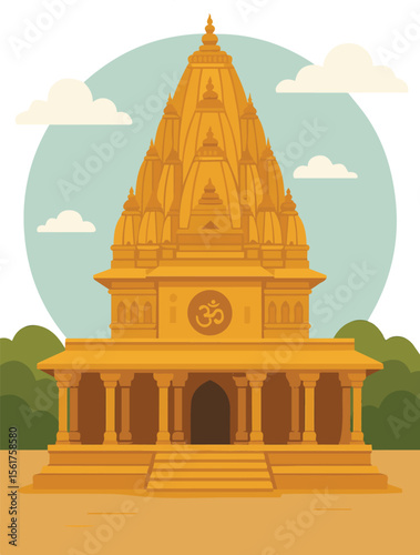 Hindu Temple Vector Illustration with Traditional Architecture