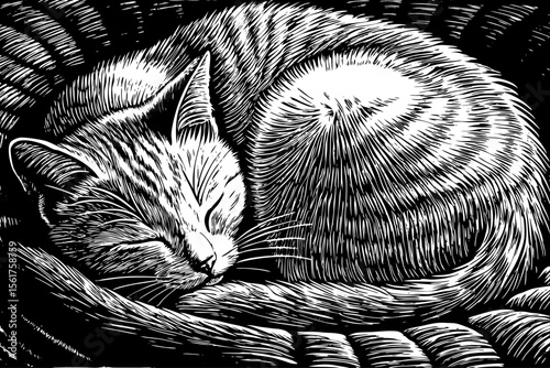 Cozy curled cat outlined with fine whiskers and soft fur loops, perfect for pet‑care logos, children’s books, stationery sets, wall decals and minimalist tattoos, a black and white line art