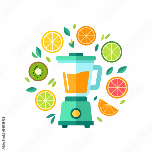 Illustration of a blender surrounded by various fruits and green leaves