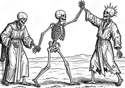 Woodcut illustration of a dance macabre. Vintage grunge vector design element for artworks, poster, cards, web and collages.