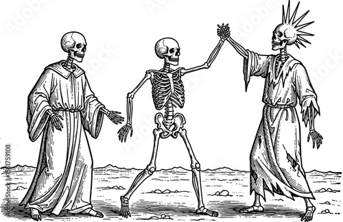 Woodcut illustration of a dance macabre. Vintage grunge vector design element for artworks, poster, cards, web and collages.