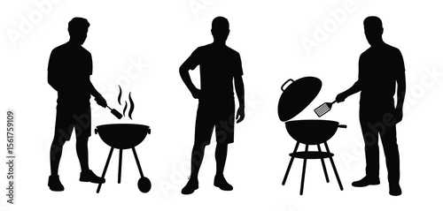 Three Men Silhouette Cooking on a Grill