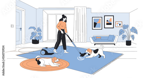 Woman Vacuuming a Living Room with Two Dogs Playing on the Floor
