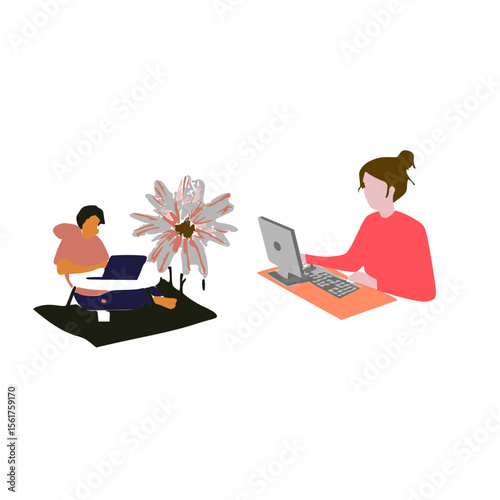 Freelancer home office job  using laptop illustration.