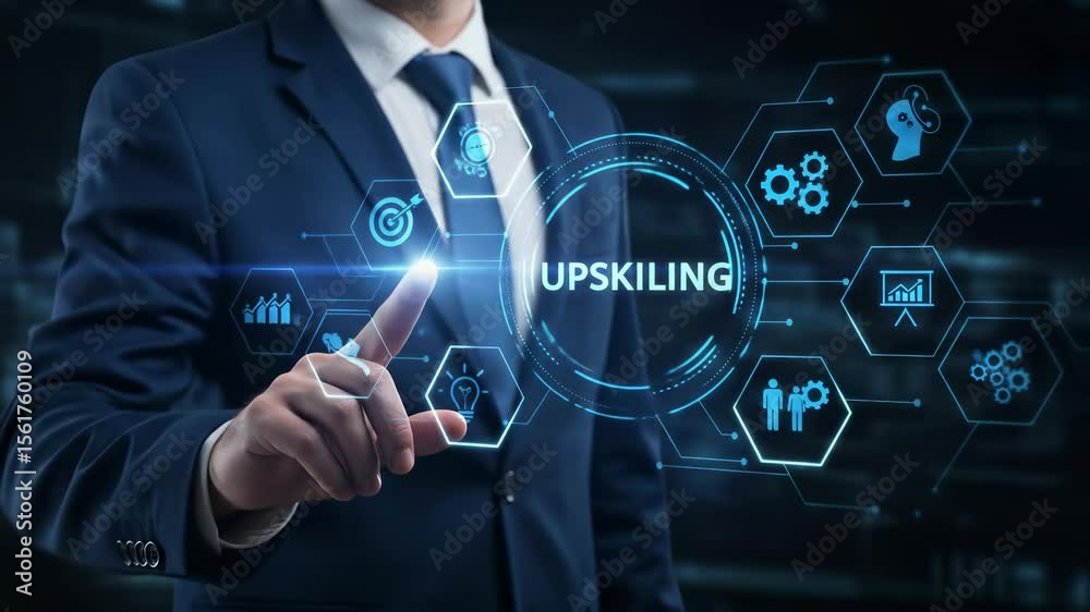 Upskilling: Business Man Activating Skills, Training, and Development for Career Growth & Innovation