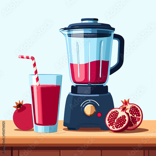 pomegranate juice in a glass next to a blender and fruit