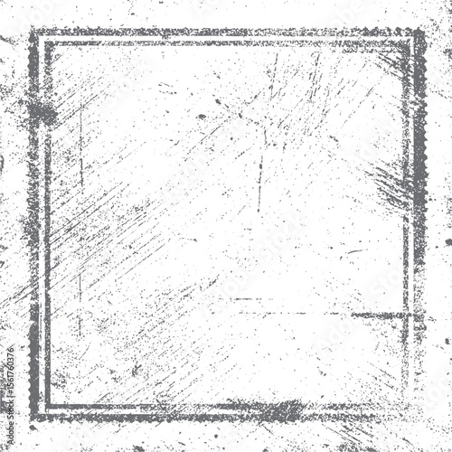 Distressed square grunge frame texture vector. Rough vintage border with scratch marks and worn edges for retro photo background overlay design.
