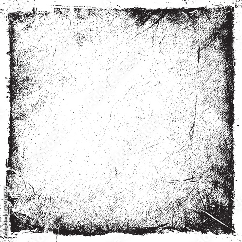 Heavy grunge square frame texture vector design. Distressed black border with rough scratches and worn edges for retro photo background overlay.
