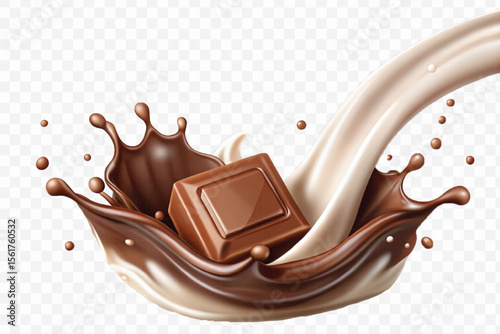 realistic 3d smooth liquid chocolate and milk splashes in different style isolated on transparent background	
