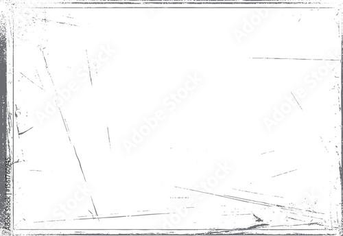 Vintage scratched border frame texture vector. Grunge distressed overlay with old photo edge lines for retro background and damaged design art.

